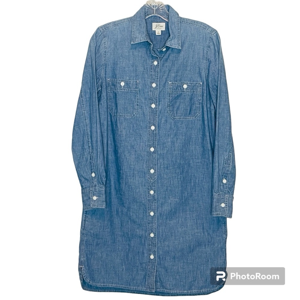 J Crew Denim Button Down Long Sleeve Chambray Cotton Blue Pockets Shirt Dress